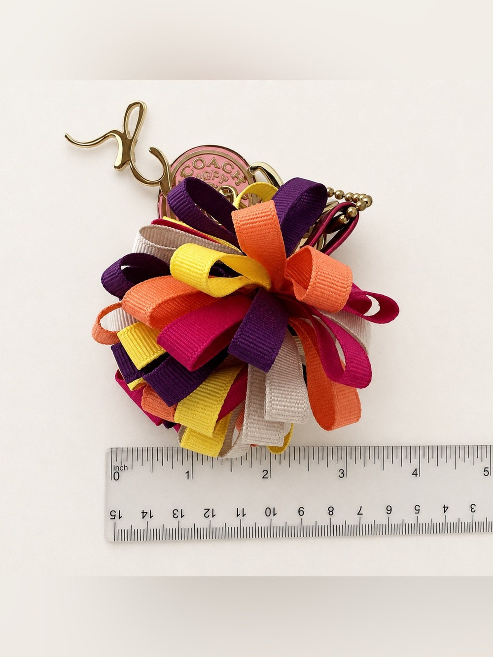 Coach Poppy Heart Ribbon Pom Bag Charm Keychain - Picture 7 of 8